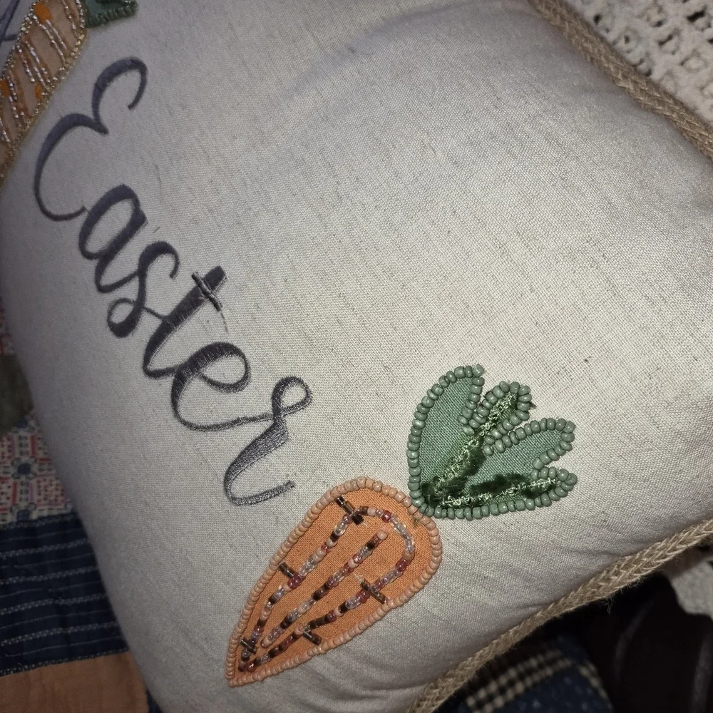 Set of 2 EASTER PILLOWS, 3D BUNNY W/ SEWN ON FLOWERS & BEADED CARROTS PILLOW